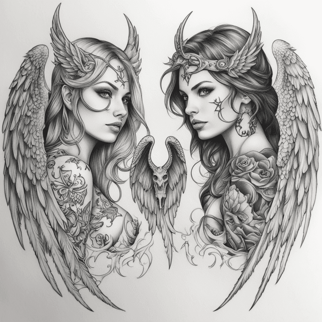 A matching tattoo with best friend, including angel and devil with wings and a unique look