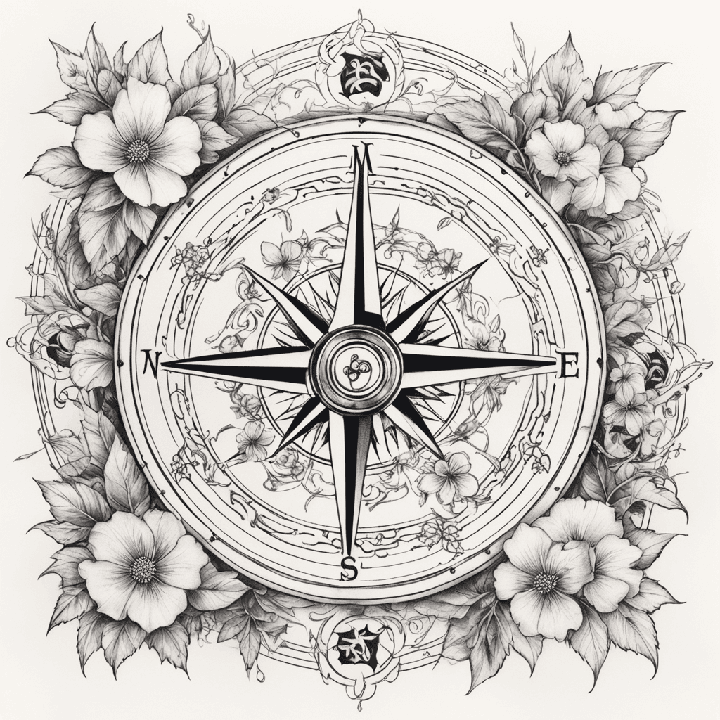 A Detailed Compass With Vines Surrounding It. 12 Different Flowers