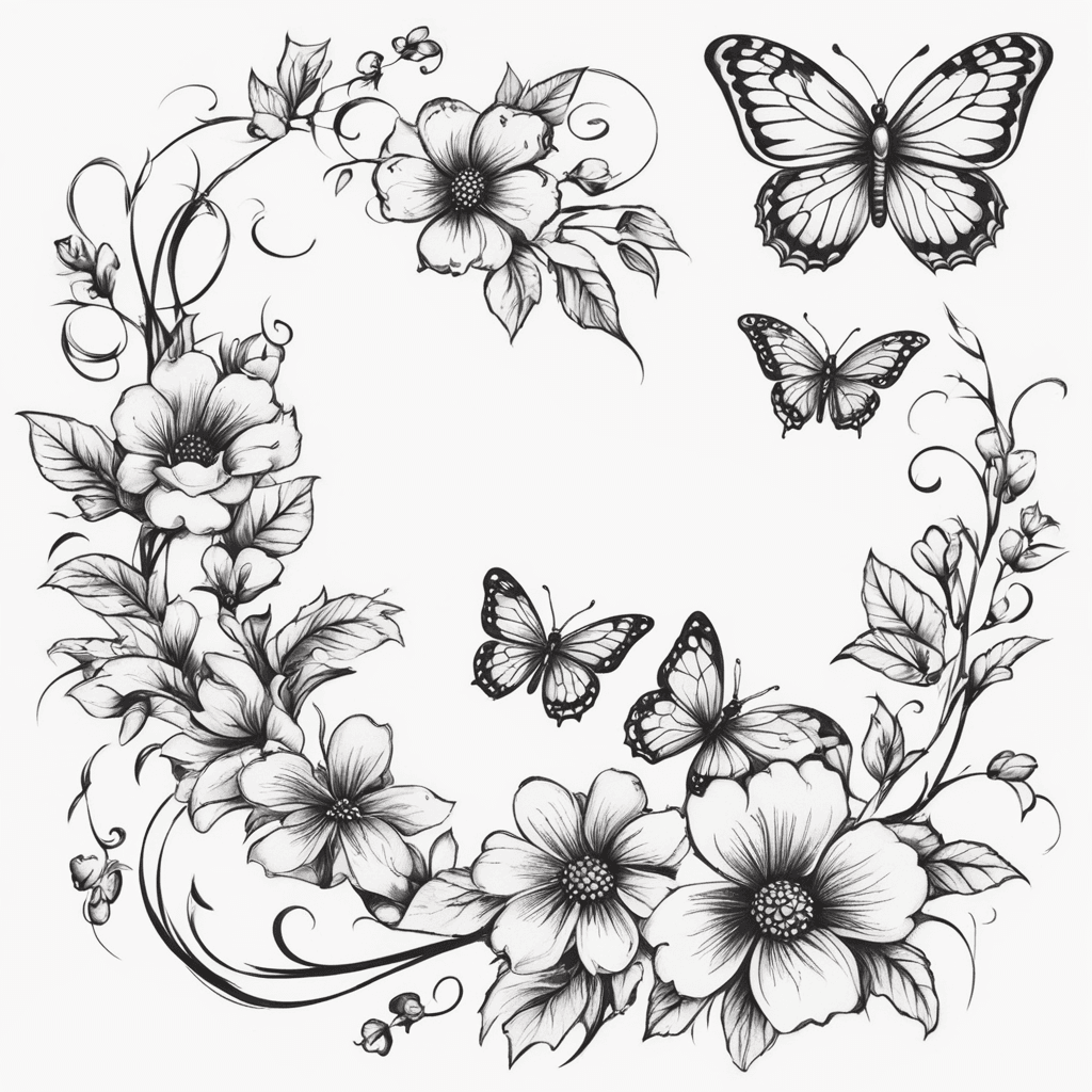 Flowers On A Vine Surrounded By Butterflies And Paw Prints Edgy Alternative