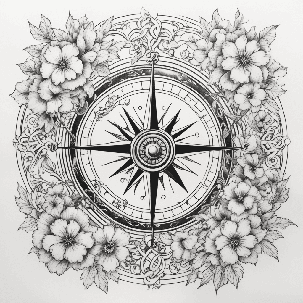 A Detailed Compass With Vines Surrounding It. 12 Different Flowers