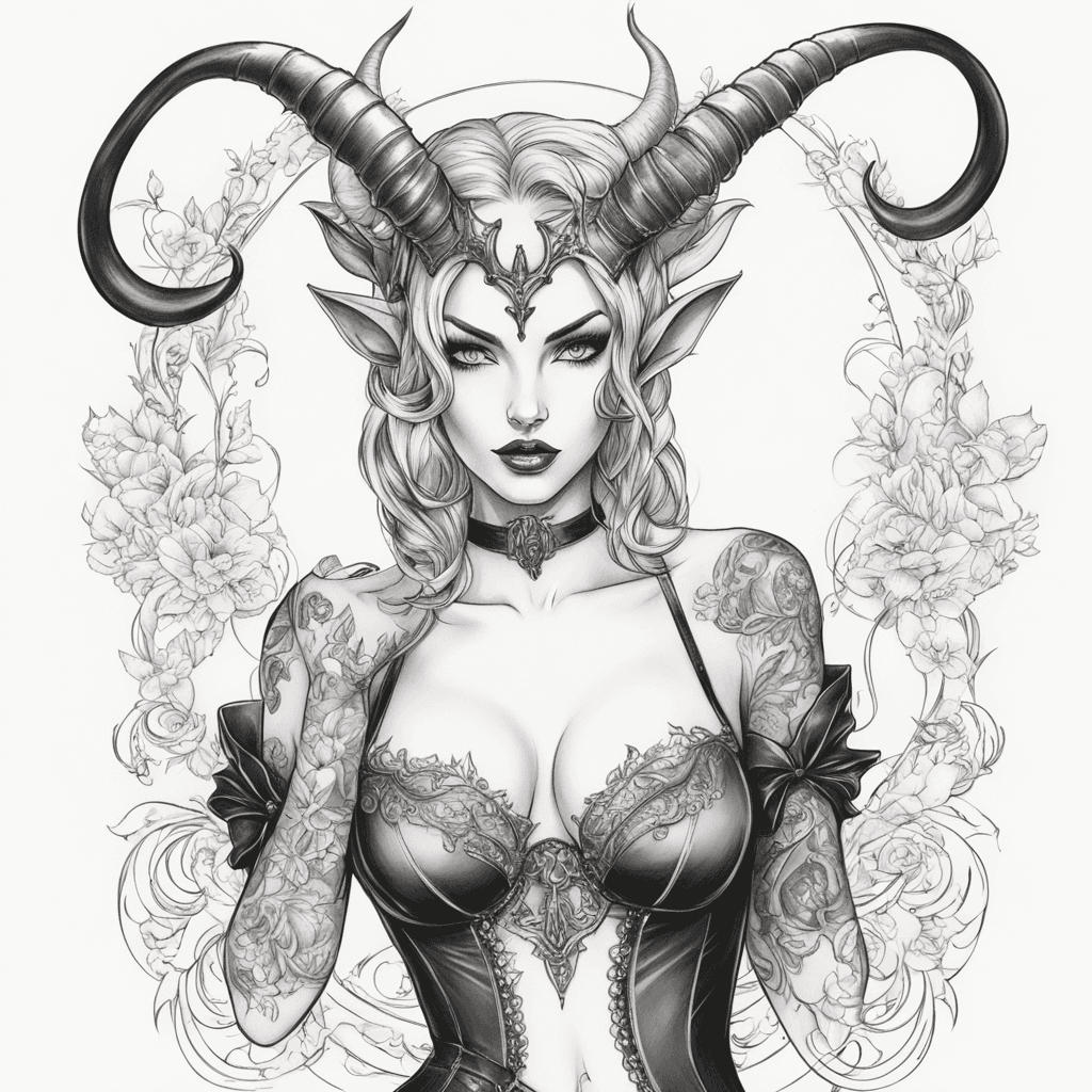 Succubus girl in sexy lingerie and full-length stockings with horns 