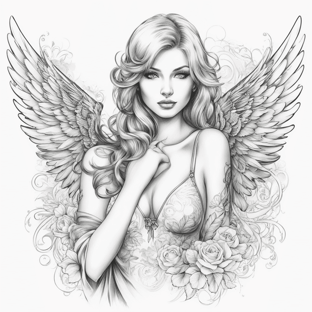 Girl in the form of an angel in sexy lingerie and stockings with wings 
