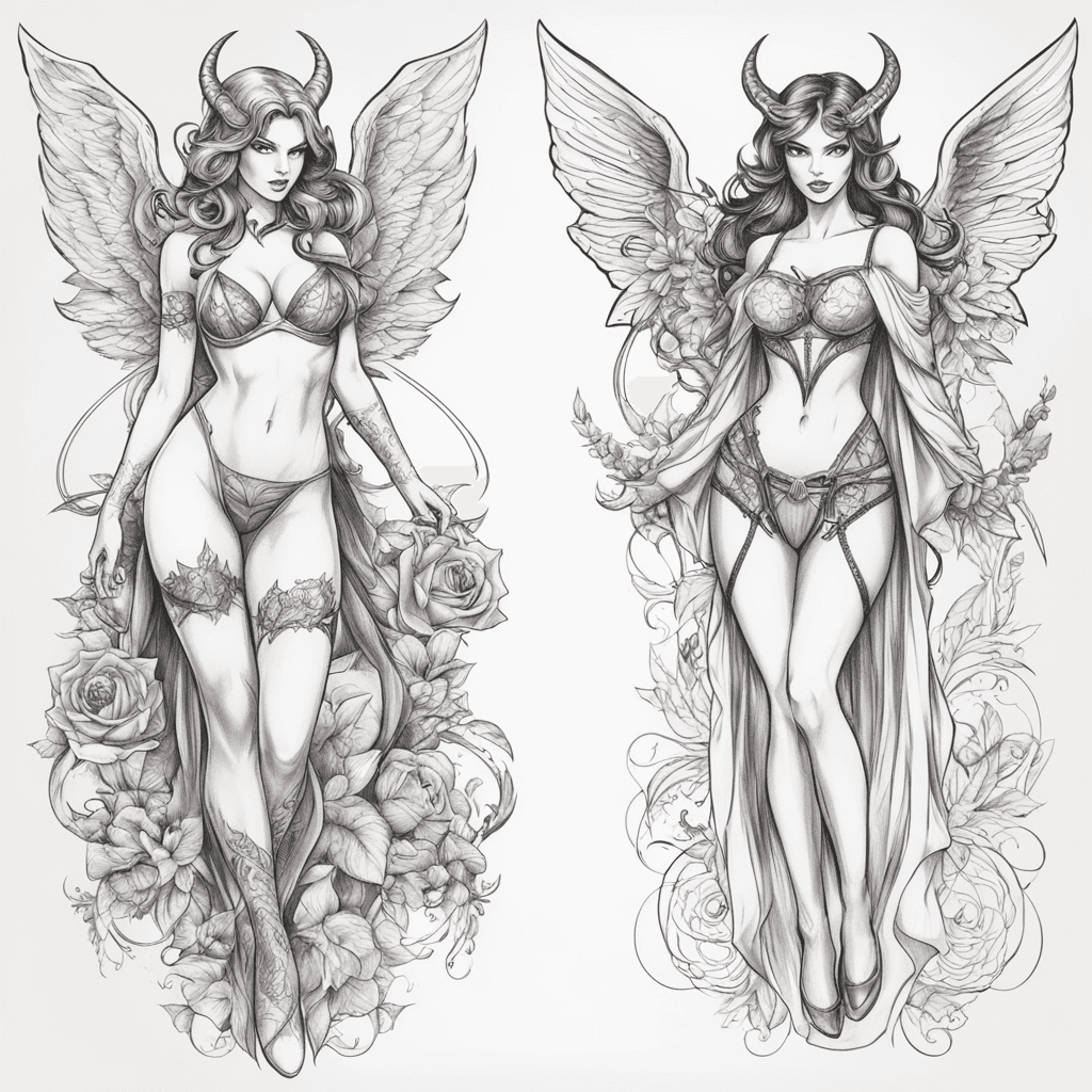 Girls in the form of a succubus and an angel in stockings and sexy lingerie in full length 