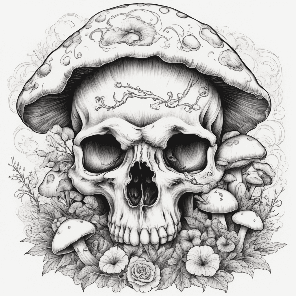 mushrooms growing from skull eye hole