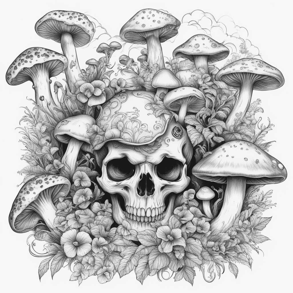 mushrooms growing from skull eye hole