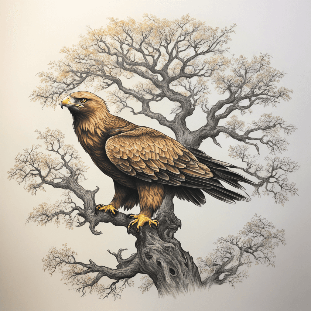 oak tree with golden eagle in upper branches