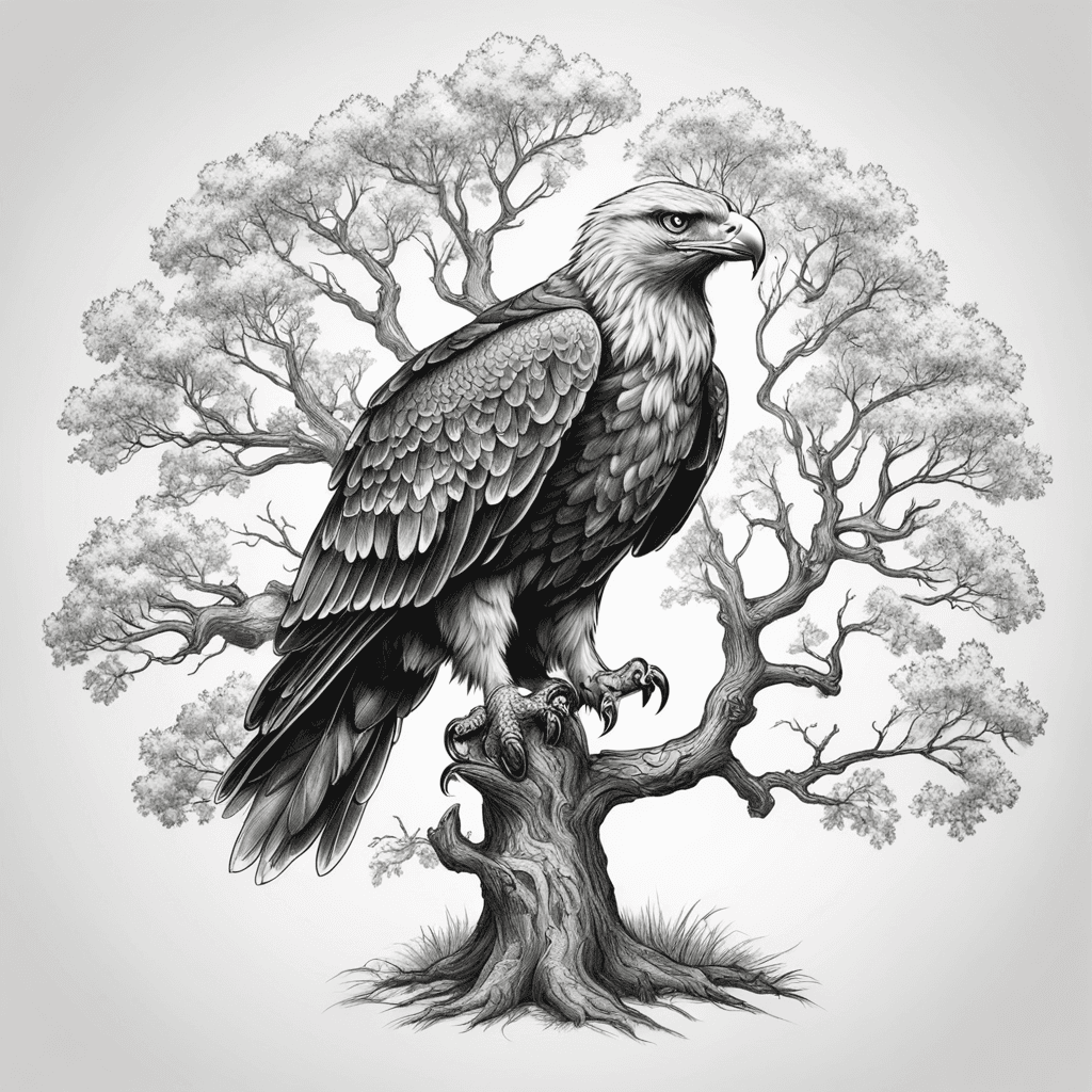 oak tree with small golden eagle in upper branches