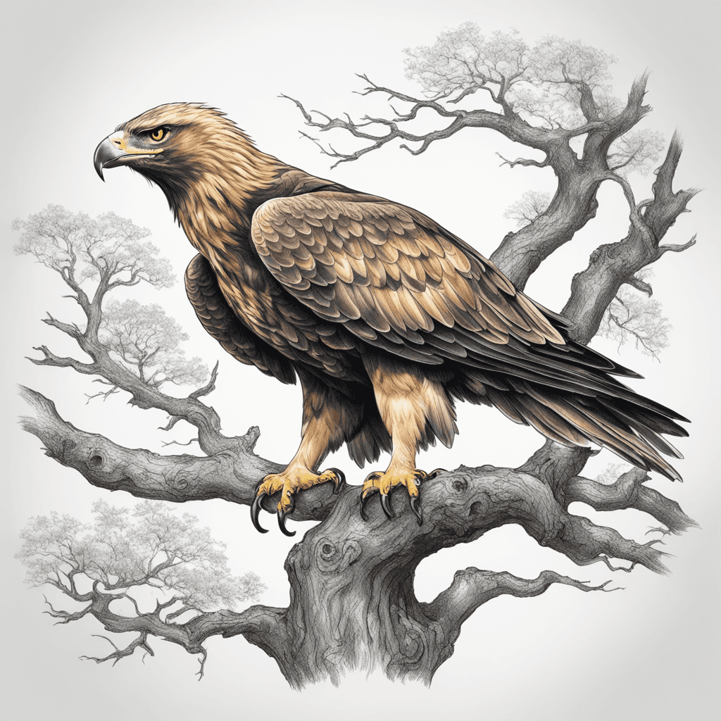 small golden eagle in upper branches of large oak tree