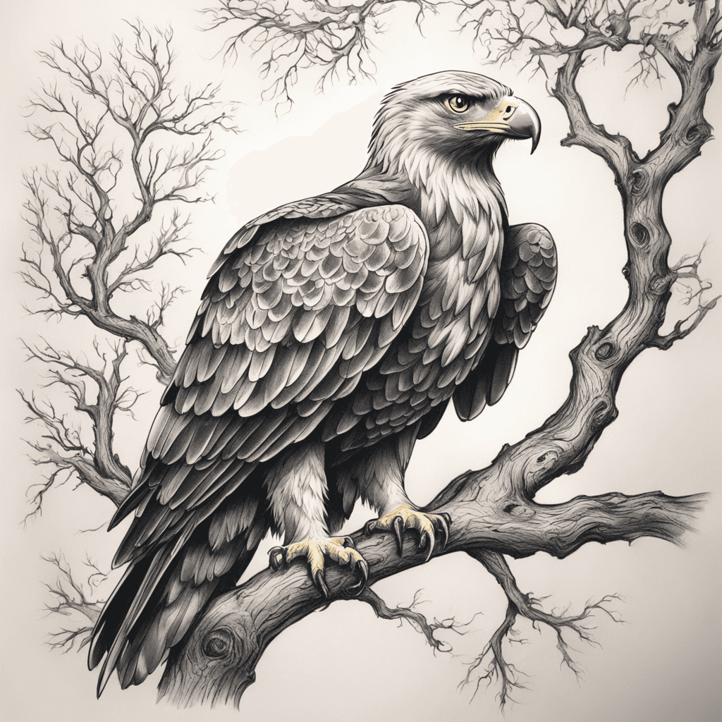 small golden eagle in upper branches of large oak tree