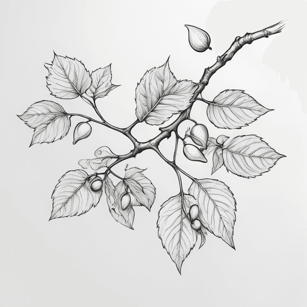 A bent branch with few leaves and linden fruit