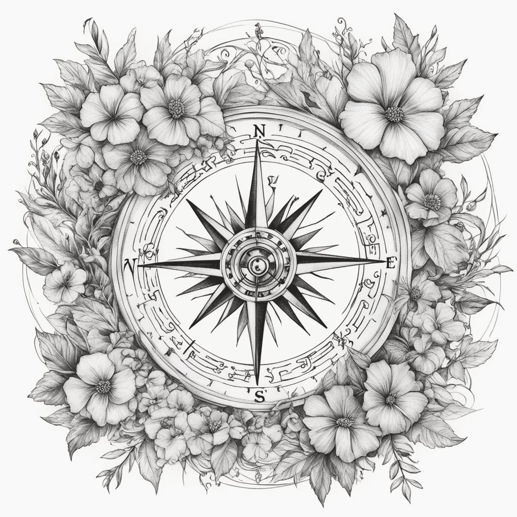 A Detailed Compass With Vines Surrounding It. 12 Different Flowers