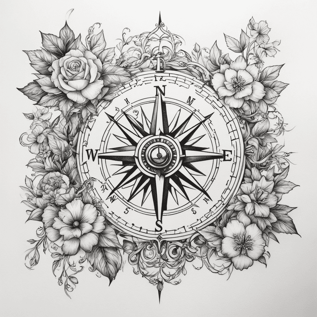 A Detailed Compass With Vines Surrounding It. 12 Different Flowers