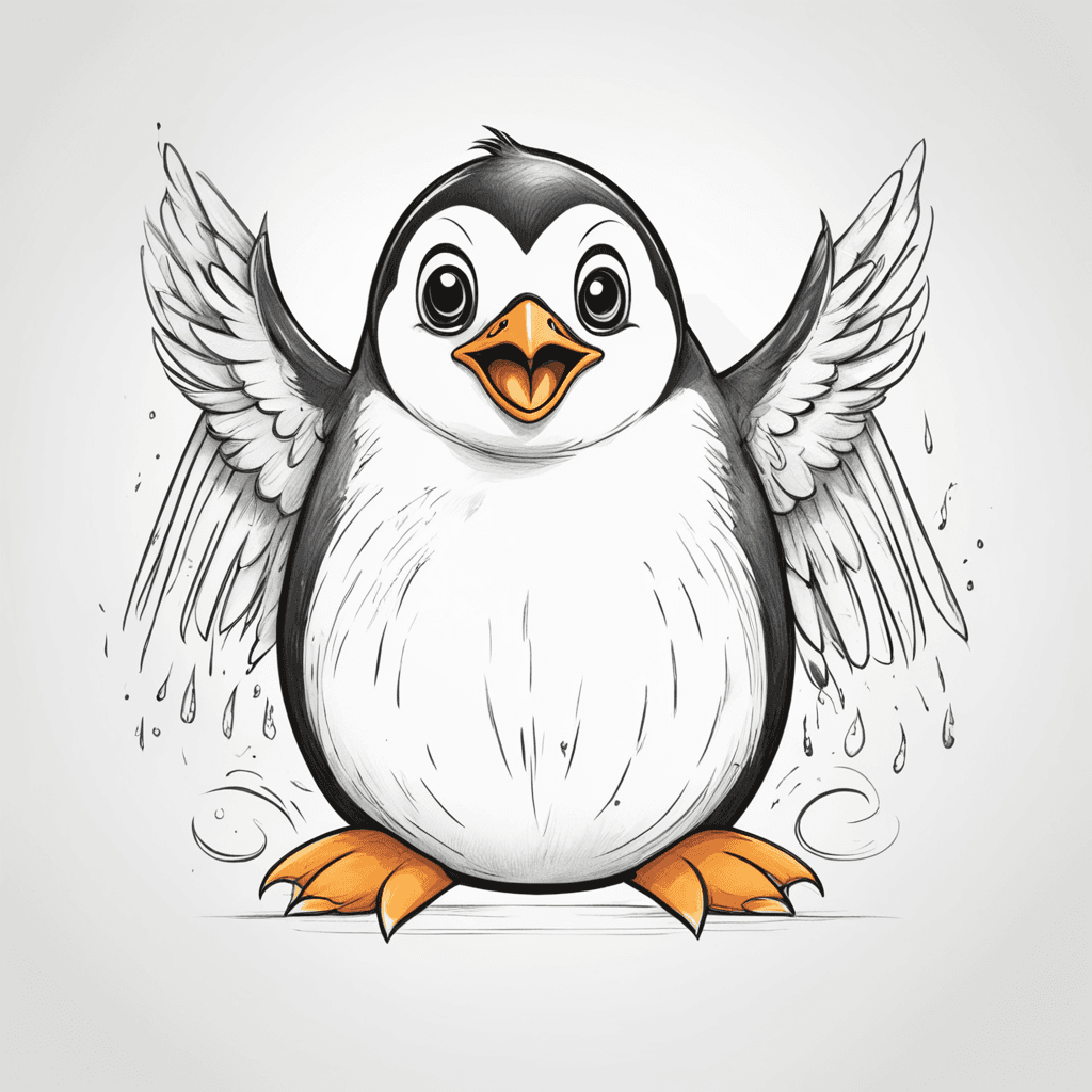 "A toddler penguin spreading its wings,Face the camera,fat face, cartoon character, cute，with wings stretched back and an angry expression