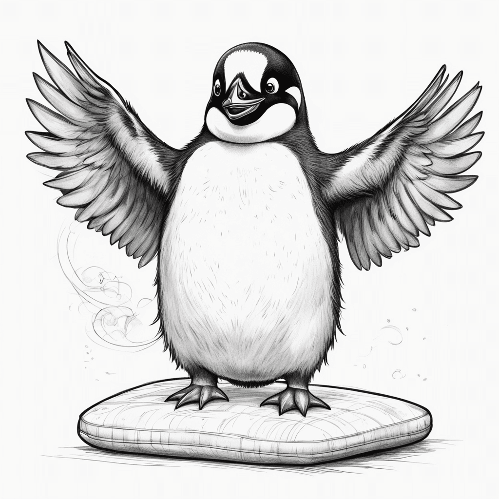 A young penguin chick,standing on a mattress，Face the camera,fat face, cartoon character, cute，with wings stretched back and an angry expression