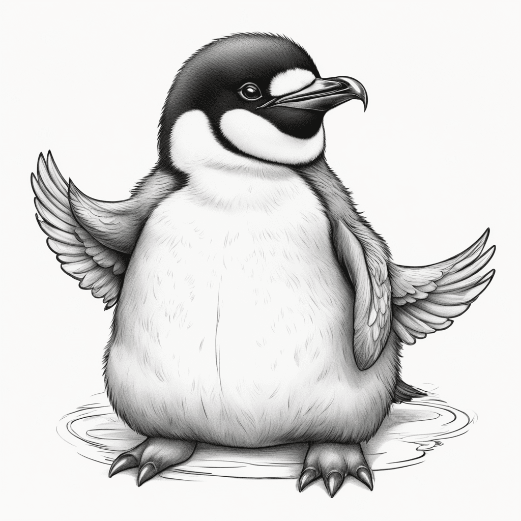A young penguin chick,standing on a mattress，Face the camera,fat face, cartoon character, cute，with wings stretched back and an angry expression