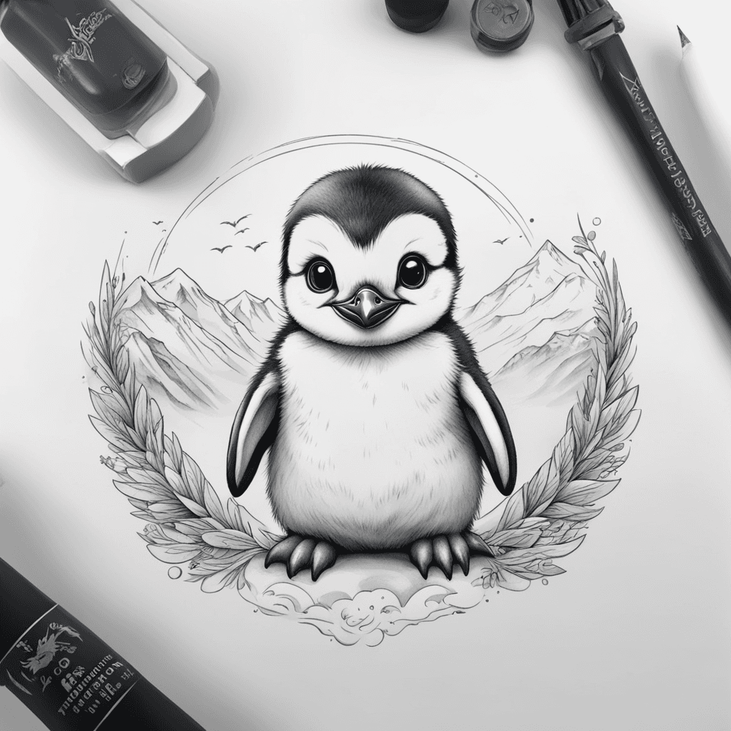 "A baby penguin with a round, adorable face looking at the camera, in a cartoonish form, with wings stretched back, standing on a bed, against a backdrop of snowy mountains.