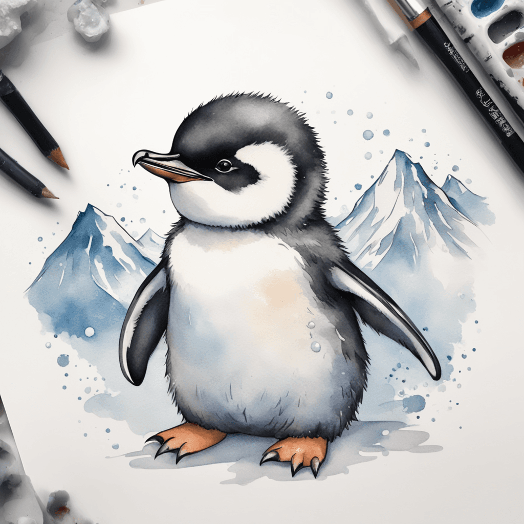 "A baby penguin with a round, adorable face looking at the camera, in a cartoonish form, with wings stretched back, standing on a bed, against a backdrop of snowy mountains.