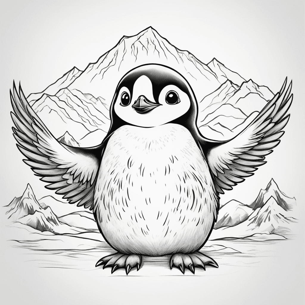 "A baby penguin with a round, adorable face looking at the camera, in a cartoonish form, with wings stretched back, standing on a bed, against a backdrop of snowy mountains.