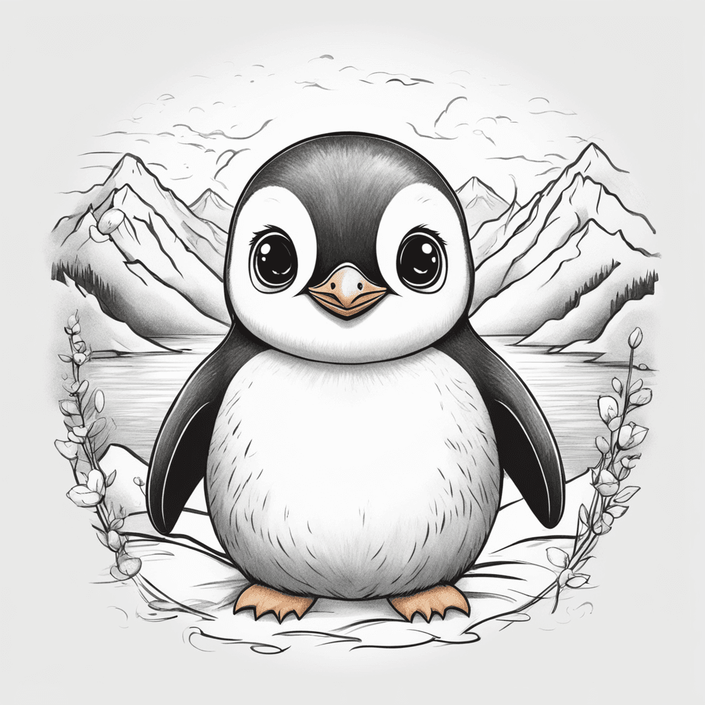 "A baby penguin with a round, adorable face looking at the camera, in a cartoonish form, with wings stretched back, standing on a bed, against a backdrop of snowy mountains.