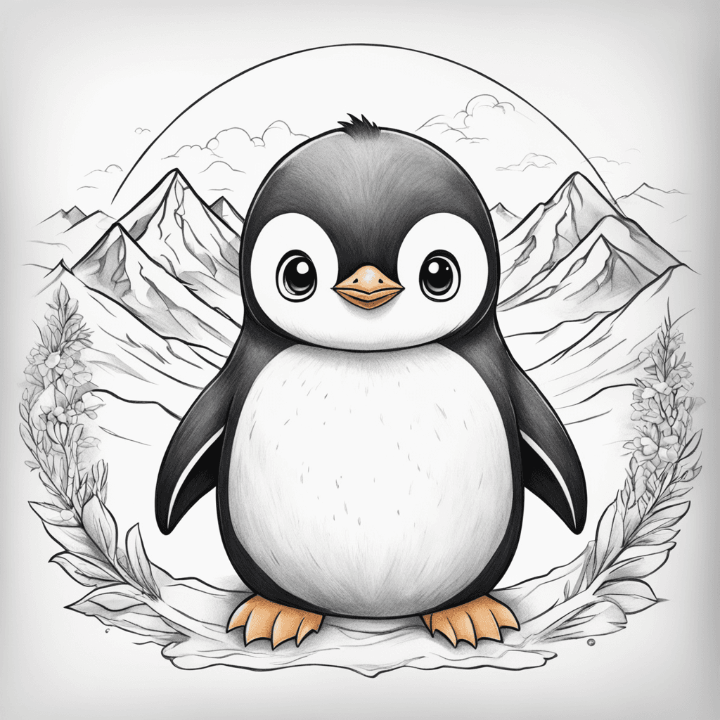 "A baby penguin with a round, adorable face looking at the camera, in a cartoonish form, with wings stretched back, standing on a bed, against a backdrop of snowy mountains.