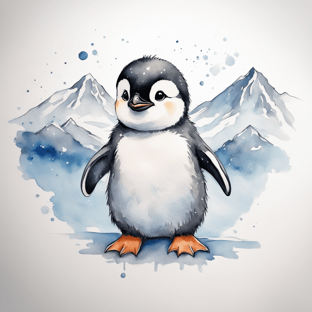 "A baby penguin with a round, adorable face looking at the camera, in a cartoonish form, with wings stretched back, standing on a bed, against a backdrop of snowy mountains.