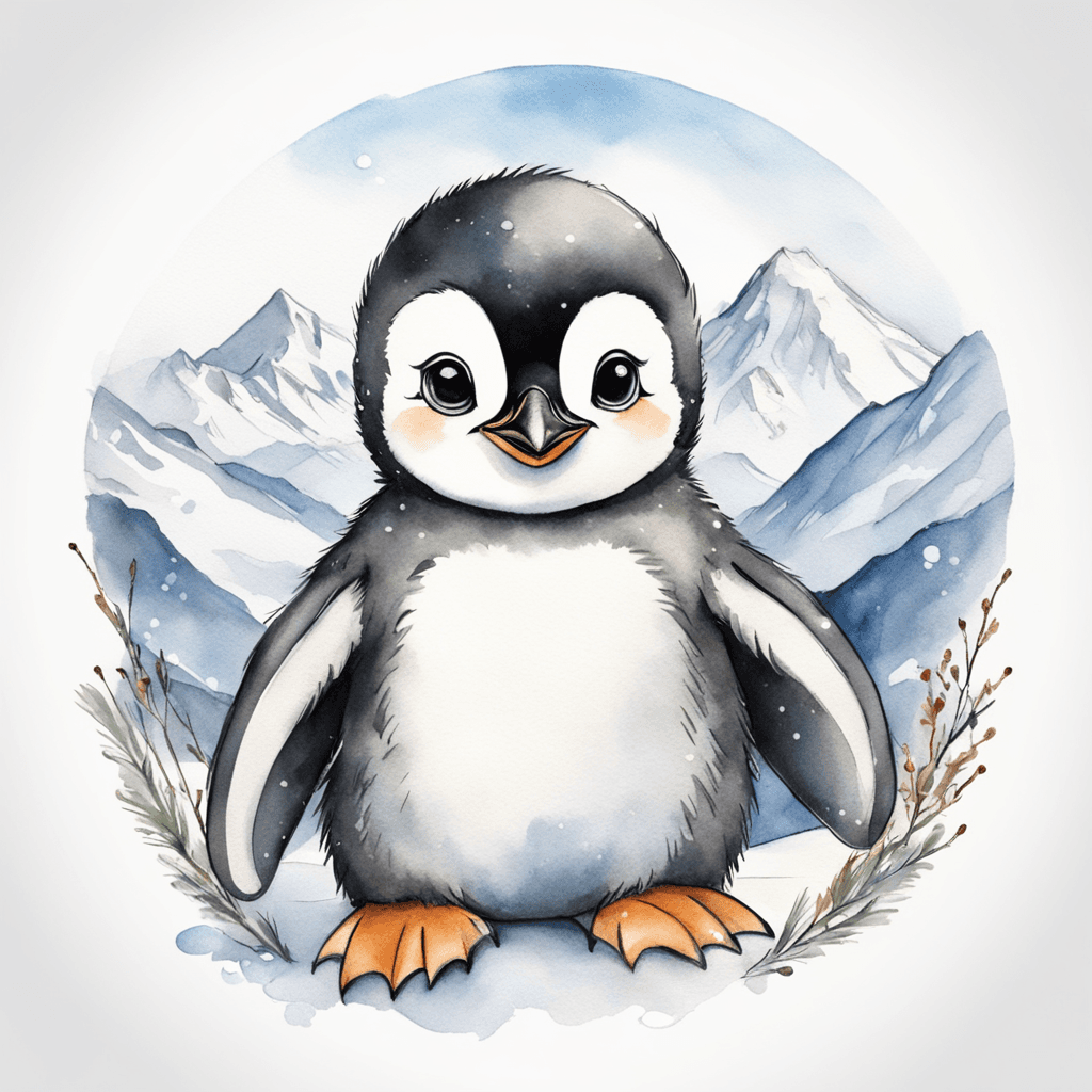 A baby penguin in its infancy, with a round and adorable face, a plump body, looking at the camera in a cartoonish depiction, wings stretched back, skiing, with a snowy mountain backdrop