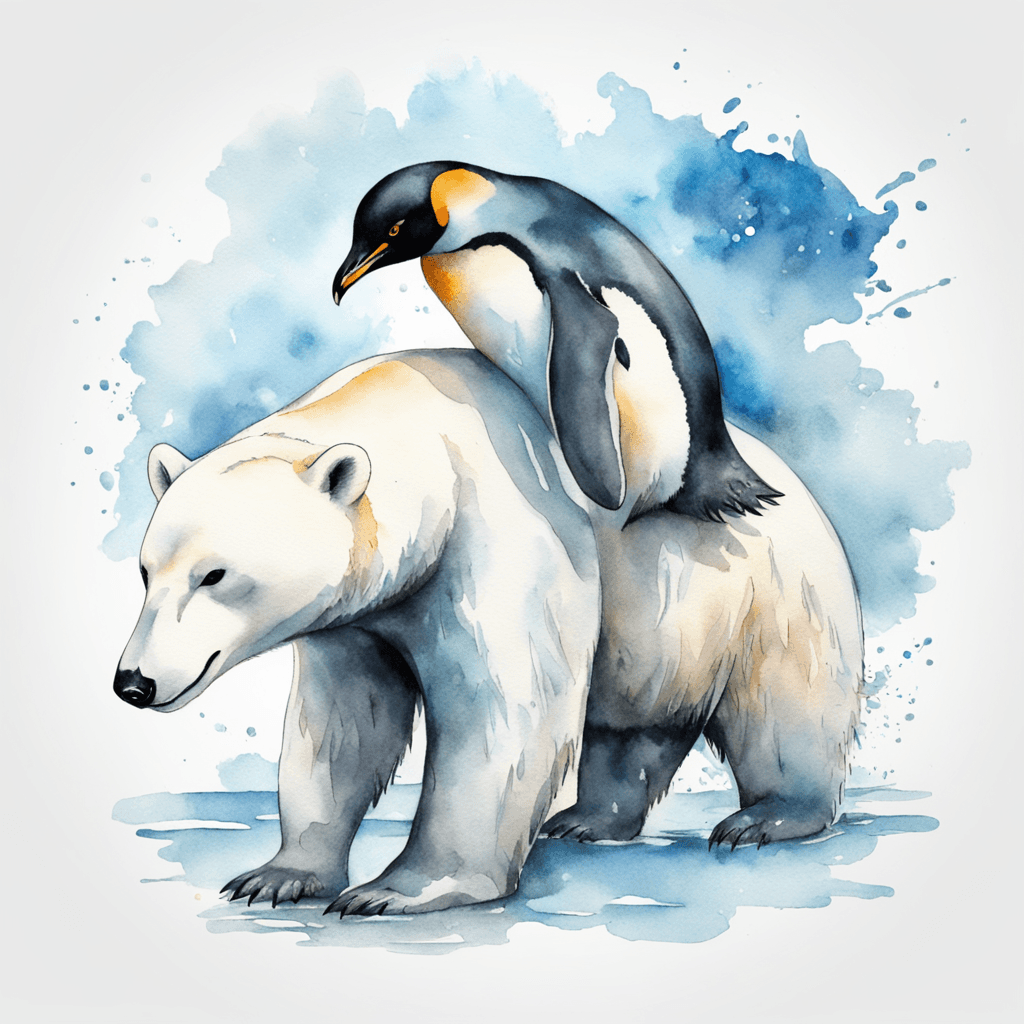 A penguin riding on a polar bear