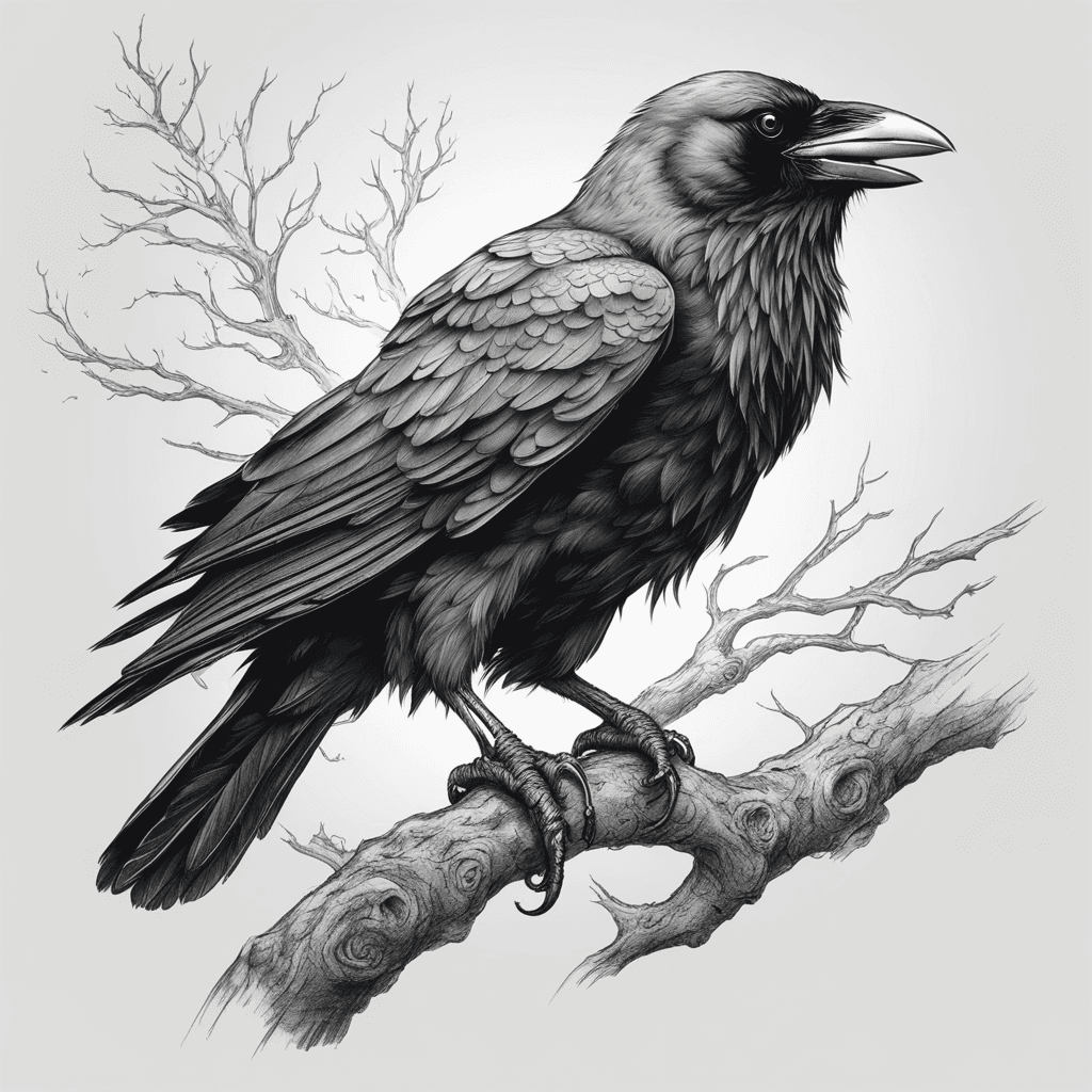 Norse inspired realistic raven looking to the side sitting on a dead branch in a lightning storm black and white