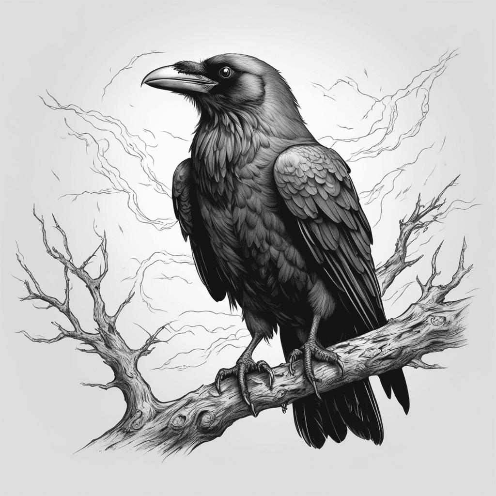 Norse inspired realistic raven looking to the side sitting on a dead branch in a lightning storm black and white