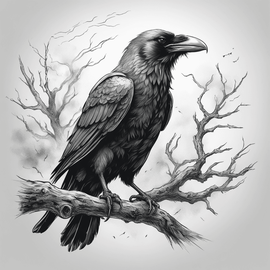 Norse inspired raven looking to the side sitting on a dead branch in a lightning storm black and white