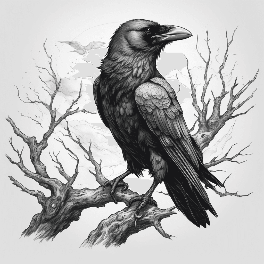 Norse inspired raven looking to the side sitting on a dead branch in a lightning storm black and white