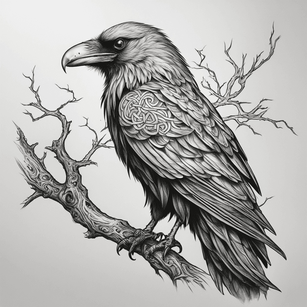 Celtic raven looking to the side sitting on a dead branch in a lightning storm black and white