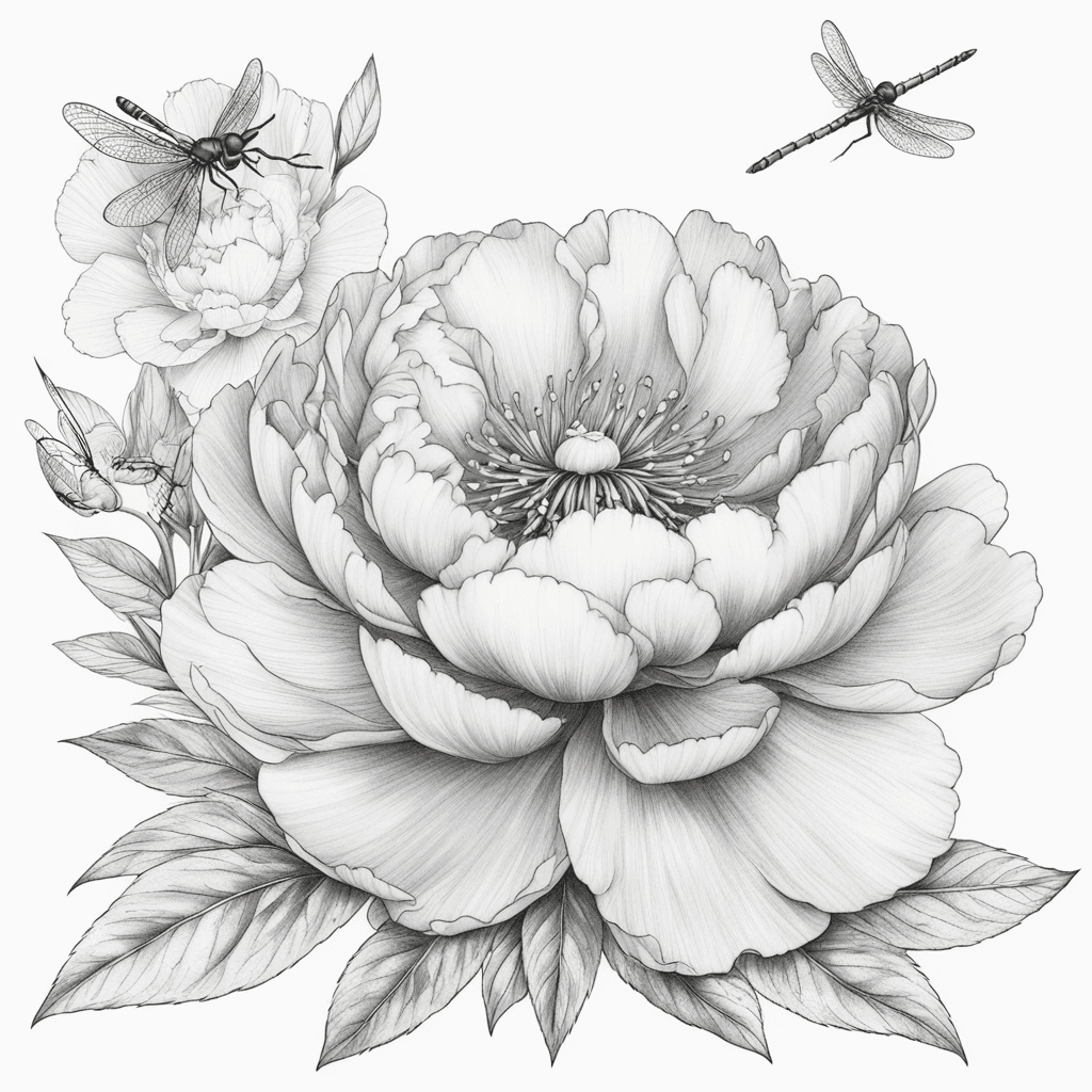 Peony and dragonfly 