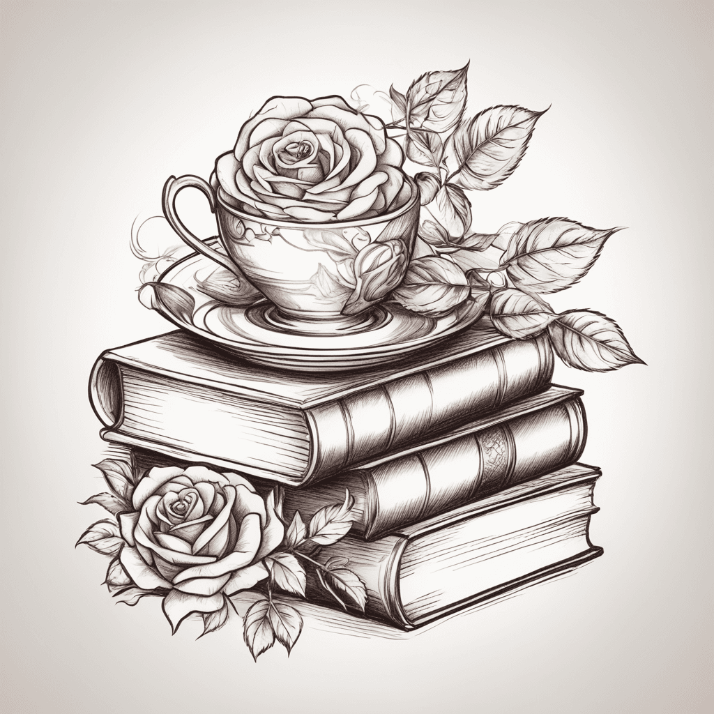 Stack of books with tea cup and rose in a vase