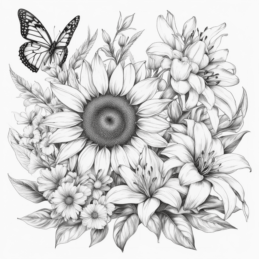 Sunflowers, lillys, butterfly, daisies, tulips