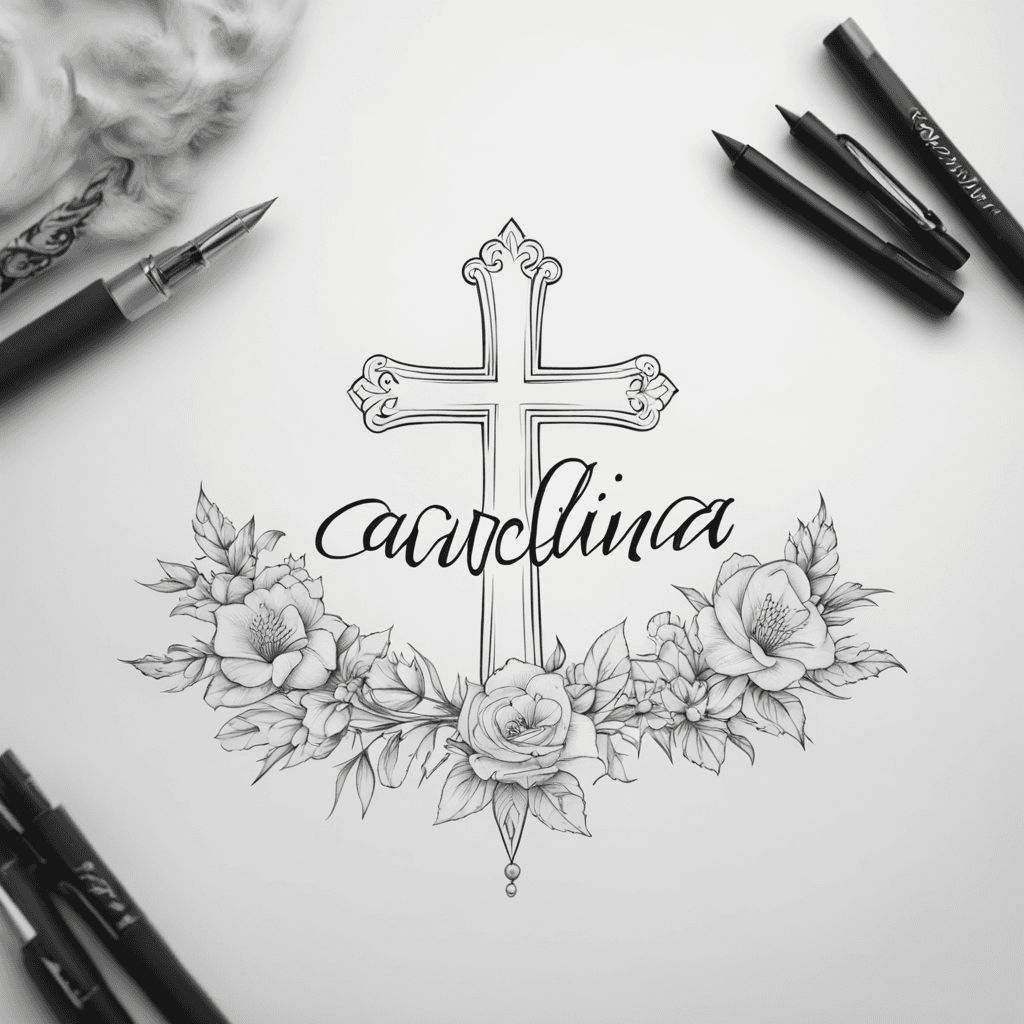 tattoo minimalist fineline simple drawing handwritten name "Carolina" and small cross