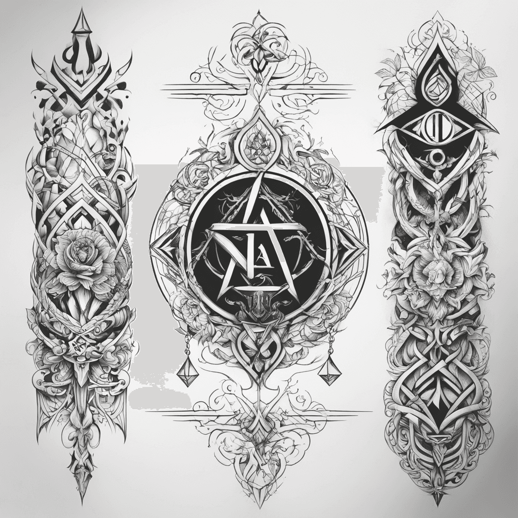 tatouage homme avant bras, noir et blanc. il symbolise la notion d'equilibre. les motifs sont géometriques et au nombre maximum de 3.les traits sont fins.2 lettres "C" sont inserées dans le dessin.