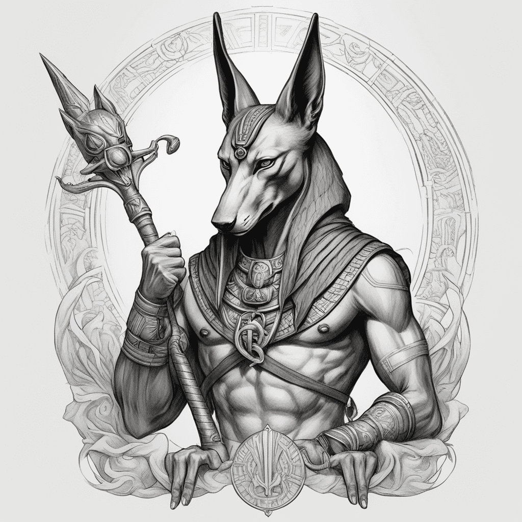 drawing of Anubis with a jackal face, angry, with a Ba scepter from Egyptian mythology in his right hand, a snake coiling around his body and the snake's head in Anubis' left hand, full body