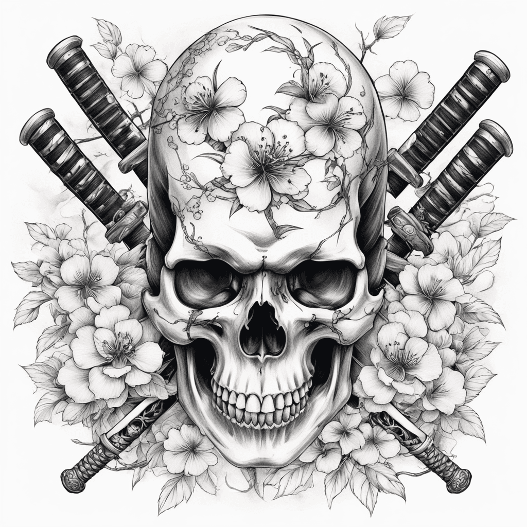 open skull with katanas behind and around sakura, which wraps around the skull