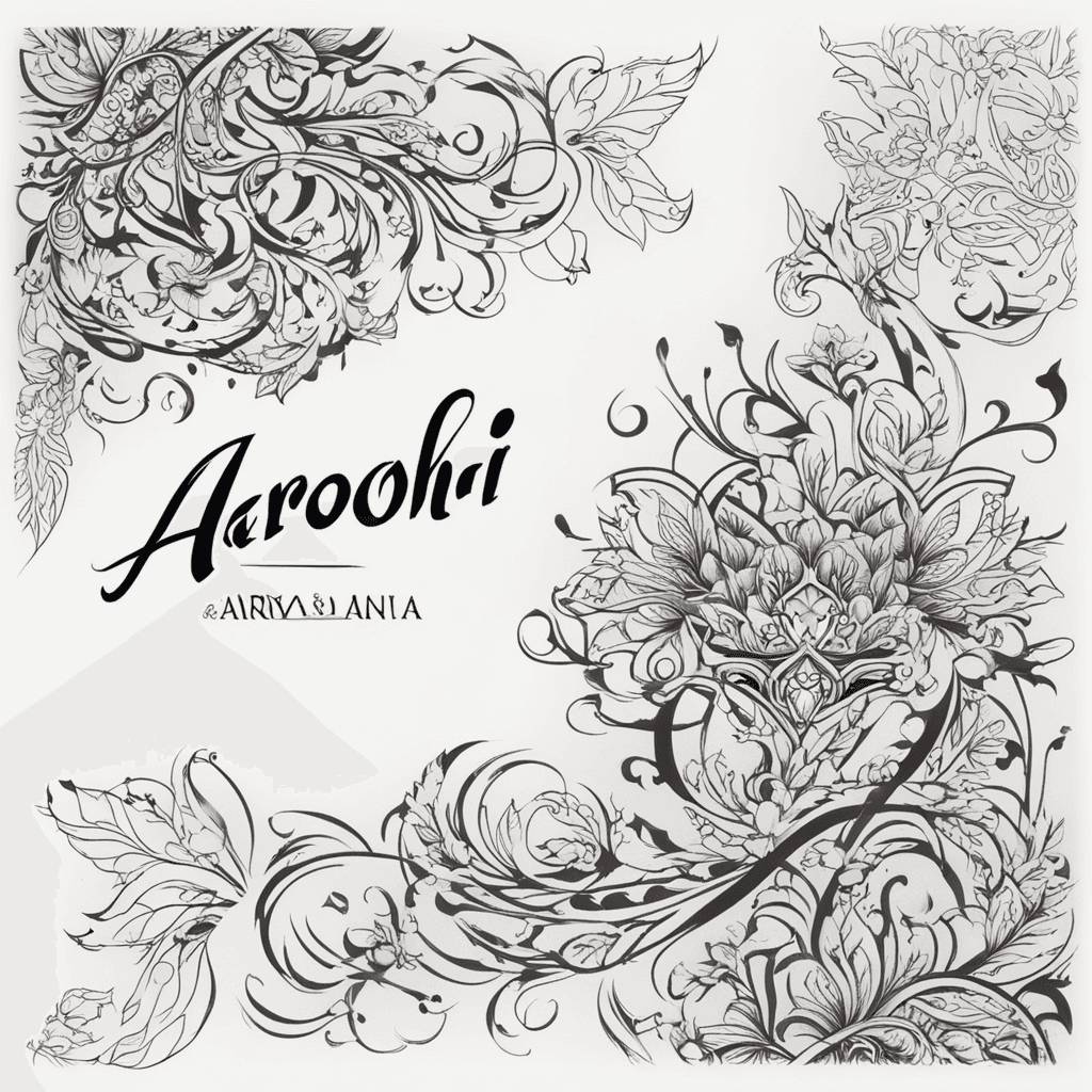 Create an artistic fusion of the names "Aarohi" and "Aarya" intertwining them elegantly with a captivating design. Use a blend of Hindi and English fonts that reflect both grace and modernity. The composition should have a harmonious flow. Ensure there is no background to focus on the beautifully merged names as a standalone piece of art. Use mix of both Hindi and English font if required.