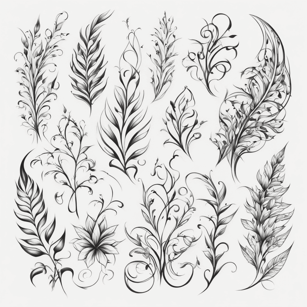 Create a tattoo design described as "grass, leaves, curls, curves, outline" in Abstract style. The tattoo size should be Large (7-10 inches). Use a Black and Gray color scheme. The level of detail should be Moderately Detailed. Include the following main elements: Abstract Design. Incorporate these secondary elements: Leaves, Waves, Dots, Lines, Ornamental Details, Spirals. Draw inspiration from: black and white. The design should be cohesive, visually appealing, and suitable for a tattoo. Create an enlarged tattoo design for the specific body part, showing the design and the body area.