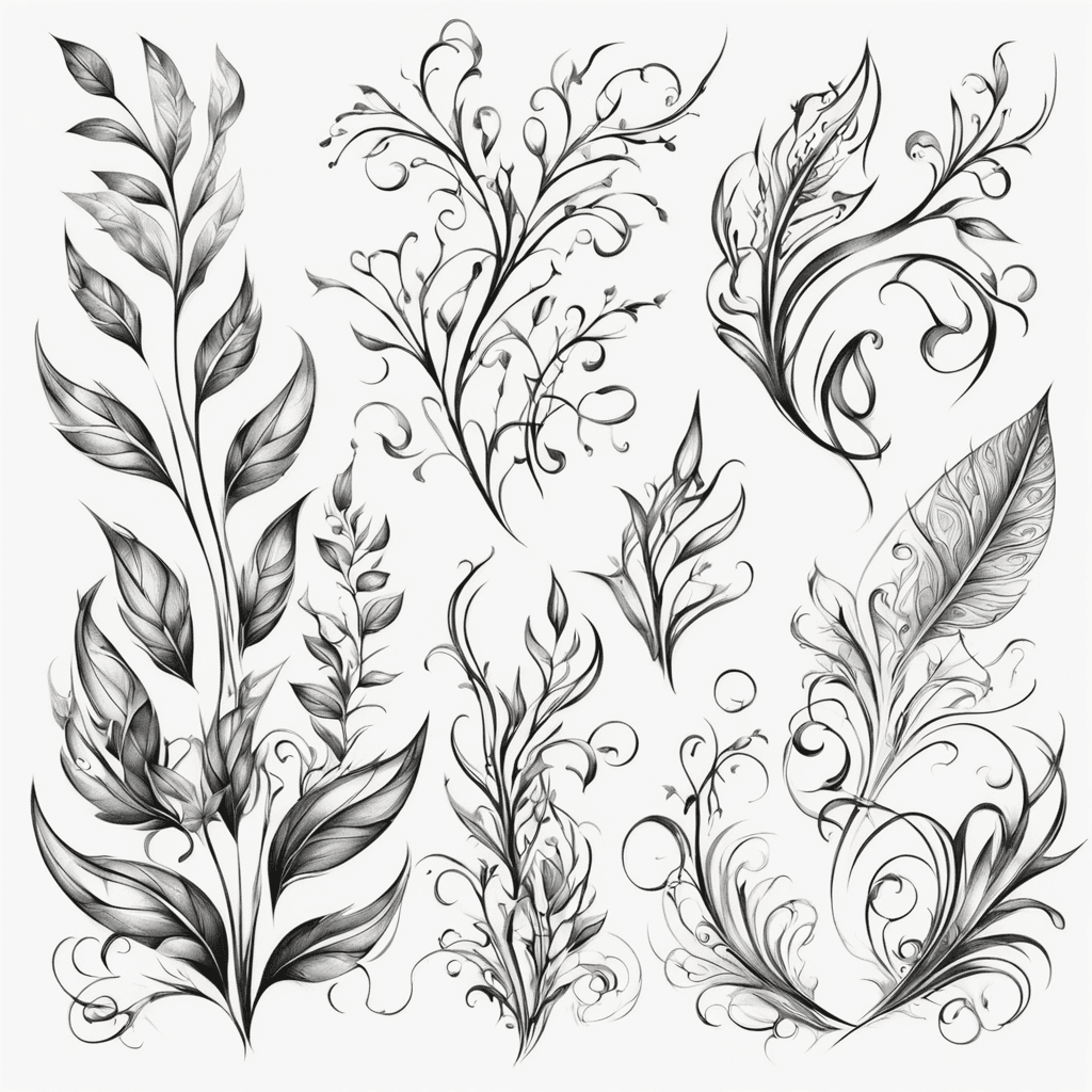 Create a tattoo design described as "grass, leaves, curls, curves, outline" in Abstract style. The tattoo size should be Large (7-10 inches). Use a Black and Gray color scheme. The level of detail should be Moderately Detailed. Include the following main elements: Abstract Design. Incorporate these secondary elements: Leaves, Waves, Dots, Lines, Ornamental Details, Spirals. Draw inspiration from: black and white. The design should be cohesive, visually appealing, and suitable for a tattoo. Create an enlarged tattoo design for the specific body part, showing the design and the body area.