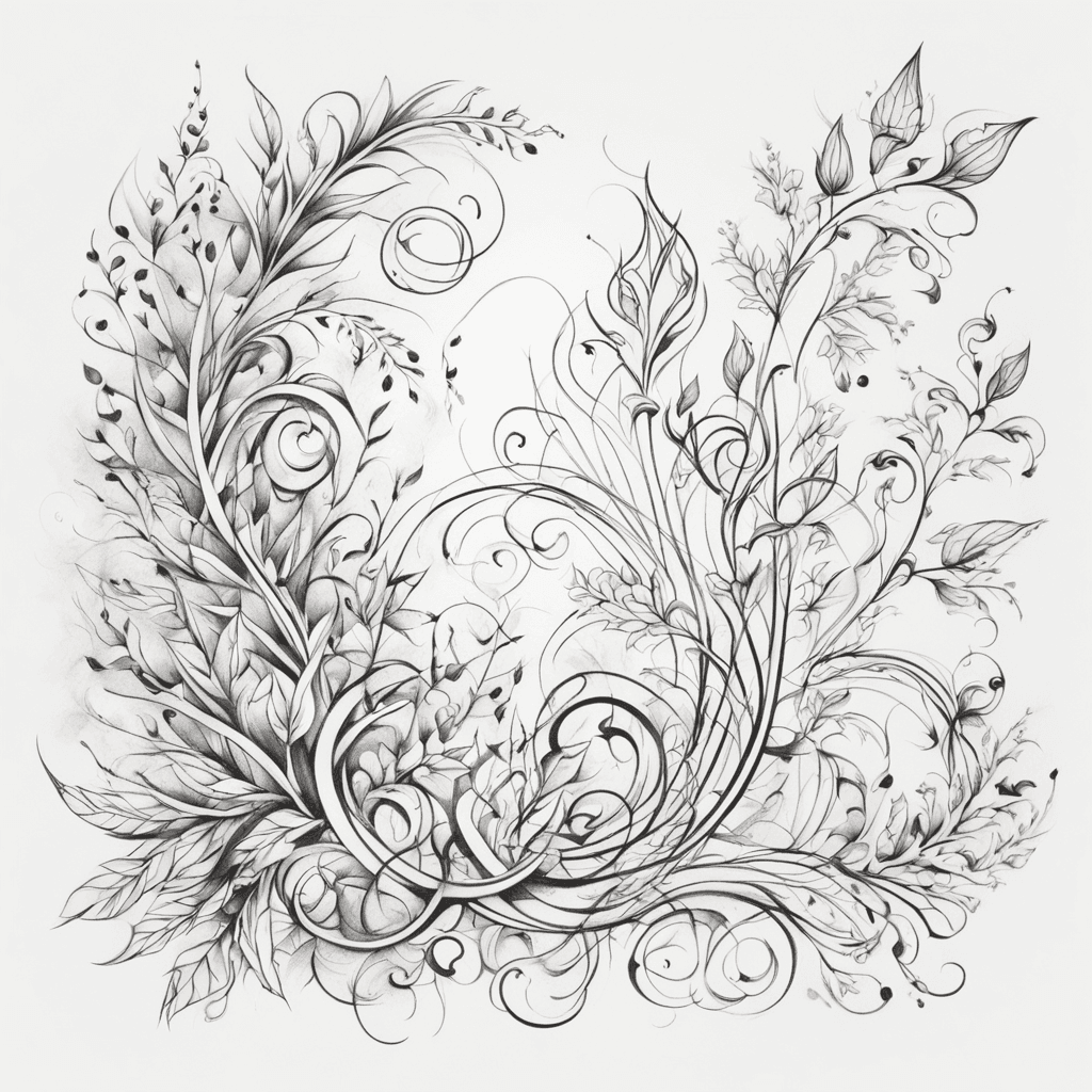 Create a tattoo design described as "grass, leaves, curls, curves, outline" in Abstract style. Use a Back and White color scheme. Include the following main elements: Nature Scene, Geometric Shape, Abstract Design. Incorporate these secondary elements: Leaves, Lines, Dots, Spirals, Branches. The design should be cohesive, visually appealing, and suitable for a tattoo. Create an enlarged tattoo design.