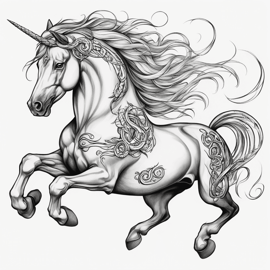 { "size": "1024x1024", "prompt": "A new school tattoo design of a galloping stallion with 2 head with a snake coiled around its neck. The stallion is symmetrical, positioned on the front of the body, with its head centered below the collarbone. The stallion's mane flows outward symmetrically on both sides, with exaggerated, wavy lines. The snake is coiled around the stallion's neck with its head pointing forward, and its body is evenly wrapped, creating a balanced appearance. The design features bold outlines typical of the new school style, vibrant electric blues for the stallion's mane, and neon green and purple tones for the snake. Background elements like abstract shapes and smoke clouds radiate outward symmetrically, enhancing the tattoo's dynamic flow. The shading and highlights are exaggerated to emphasize depth and texture in the muscles of the stallion and the snake’s scales." }