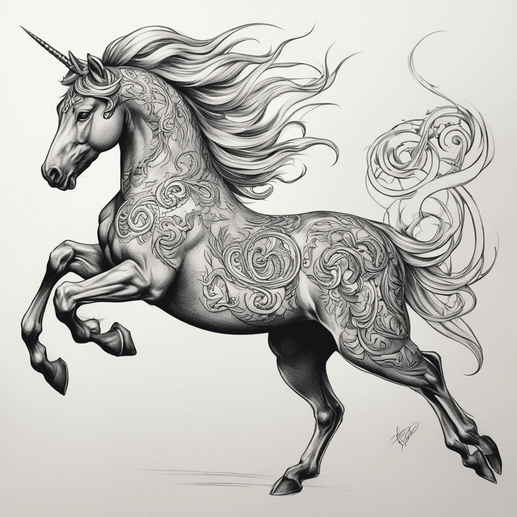 { "size": "1024x1024", "prompt": "A new school tattoo design of a galloping stallion with 2 head with a snake coiled around its neck. The stallion is symmetrical, positioned on the front of the body, with its head centered below the collarbone. The stallion's mane flows outward symmetrically on both sides, with exaggerated, wavy lines. The snake is coiled around the stallion's neck with its head pointing forward, and its body is evenly wrapped, creating a balanced appearance. The design features bold outlines typical of the new school style, vibrant electric blues for the stallion's mane, and neon green and purple tones for the snake. Background elements like abstract shapes and smoke clouds radiate outward symmetrically, enhancing the tattoo's dynamic flow. The shading and highlights are exaggerated to emphasize depth and texture in the muscles of the stallion and the snake’s scales." }