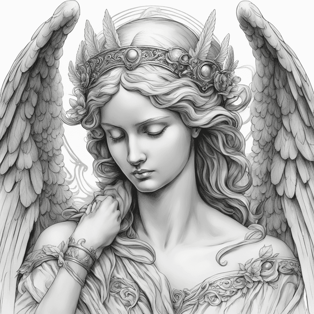 The image is a black and white sketch of a closeup of an old metal statue of an angel with large wings. She is an adult woman. She is covering her face with her hands, as if she is weeping, eyes fully covered. Her head is egg-shaped. The background is plain white, making the angels head and stand out. Her body ends at her chest area fading into the white background. Her curly hair is braided, middle parting, short and collecting around her head in the back. It is also in a plain hairband. She is wearing a plain hanging sheath dress which reveals her shoulders. Her arms are naked. The viewpoint is from a raised diagonal perspective. the angel's body is covered in intricate details