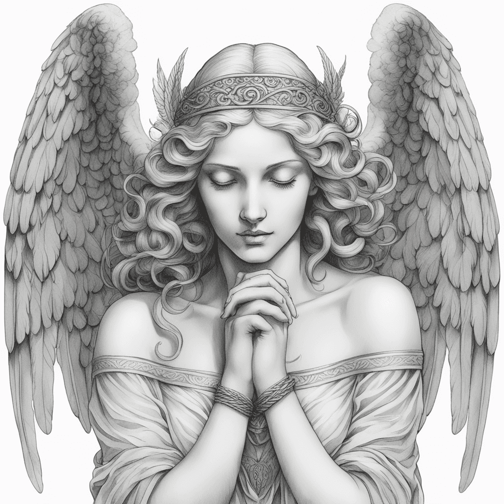 The image is a closeup of an old statue of an angel with large wings. She is an adult woman. She is holding her hands in front of her face, eyes fully covered. The background is plain white. Her body ends at her chest area fading into the white background. Her curly hair is braided, middle parting, short and collecting around her head in the back. It is also in a plain hairband. She is wearing a plain hanging sundress which reveals her shoulders. Her arms are naked. The viewpoint is from an upper diagonal perspective