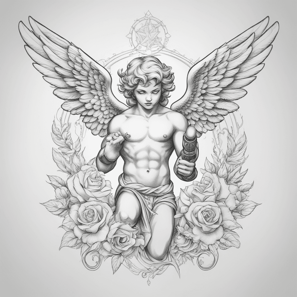 Make visualisation og fine line cherub with uzi in one hand and  tattoo on underarm