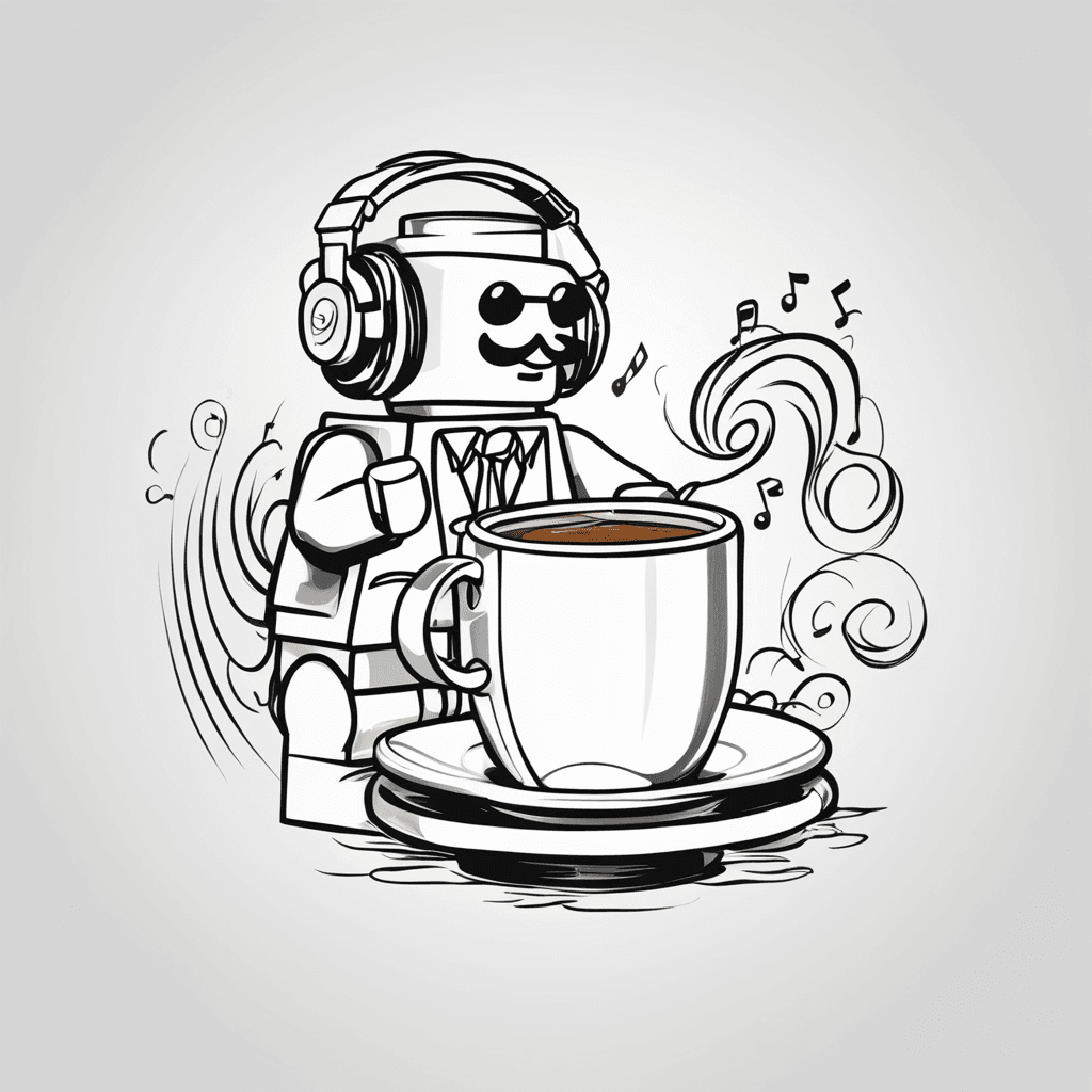 lego guy with coffee listening to music