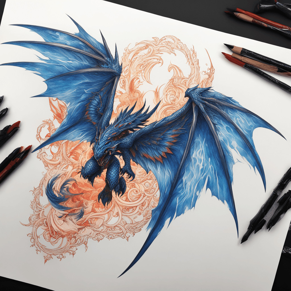 Create a stunning tattoo design featuring the formidable Safi'jiiva from the Monster Hunter game series. The scene captures the dramatic moment of its ultimate move, Sapphire of the Emperor. Safi'jiiva is depicted with its massive, majestic wings fully spread, showcasing intricate details of its scales and fiery red and blue hues. Above, a radiant, celestial sapphire orb glows intensely, casting an ethereal light across the scene. Below, a brave hunter stands poised, silhouetted against the luminous backdrop, embodying courage and determination. The overall composition exudes a sense of epic confrontation and awe-inspiring power, with dynamic energy swirling around the characters, enhancing the mythical and adventurous atmosphere.